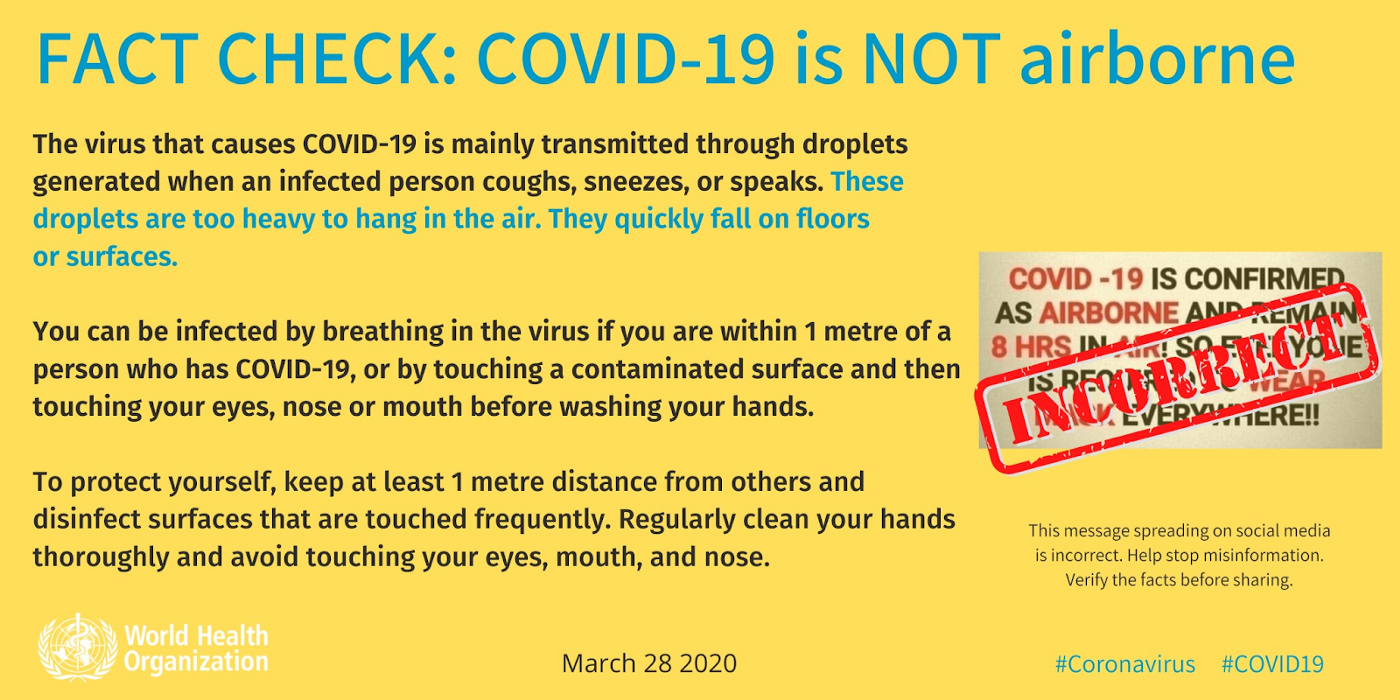 HECHO: El COVID-19 NO se transmite por el aire. Twitter @WHO